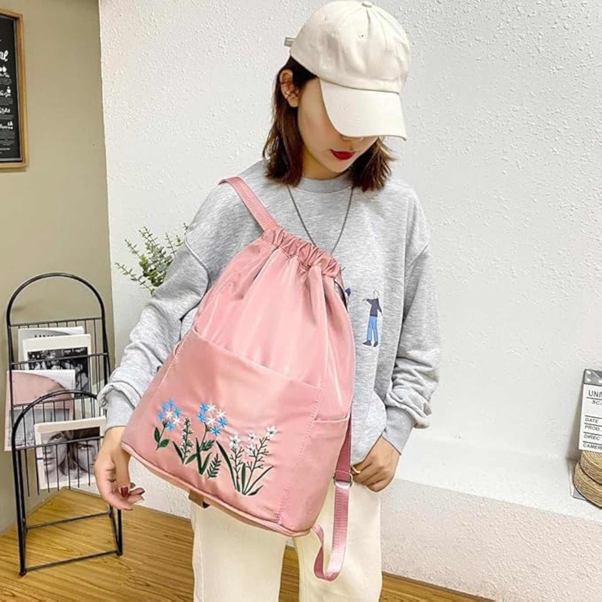 Printed Folding Embroidery Flower Print Drawstring Luggage Bag